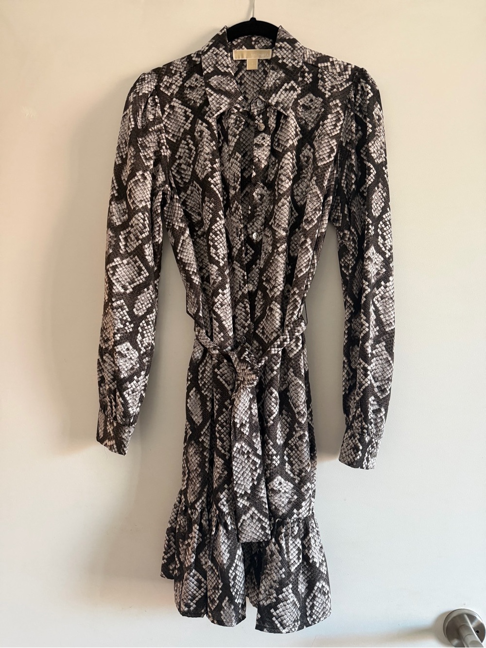 Michael Kors Black & White Snake-Print Tie-Waist Long Sleeve Dress